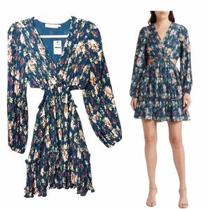 NEW Floret Studios Teal Green Floral Side Cutout Long Sleeve Dress Pleated Sz XS